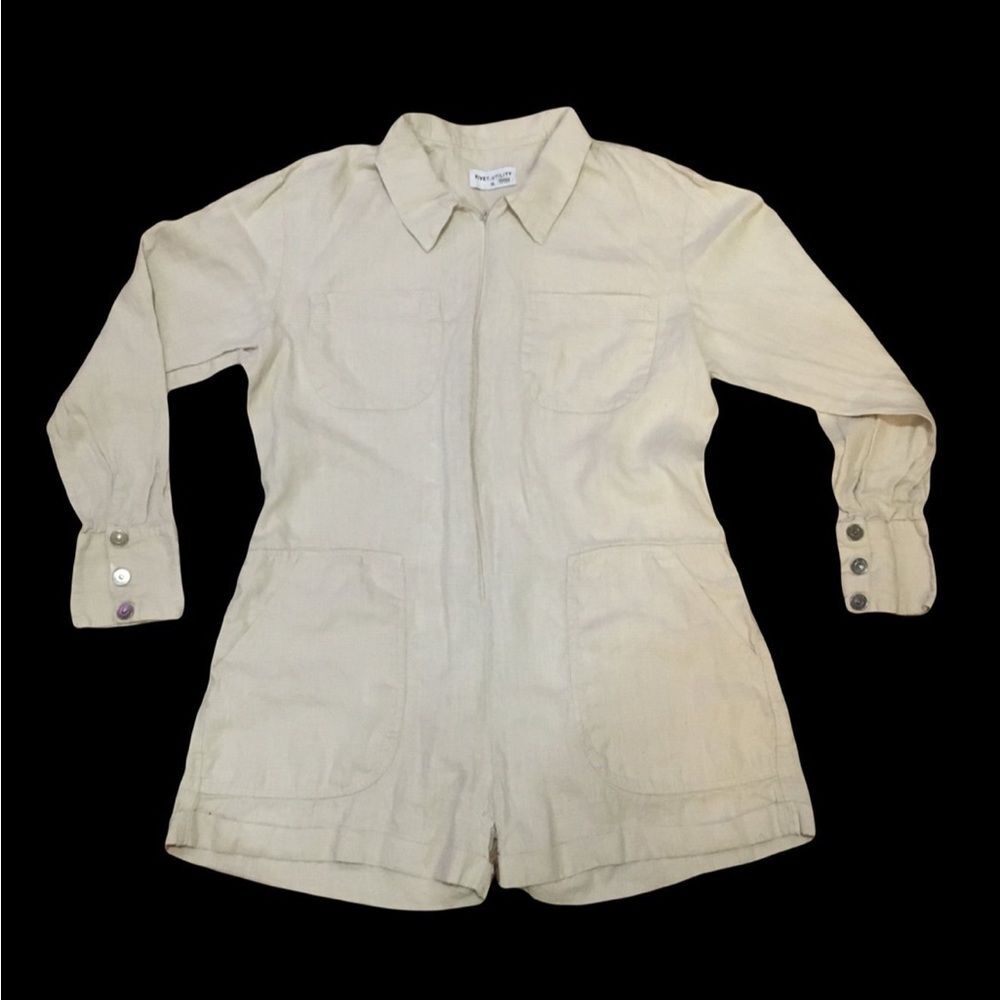 Rivet Utility XL Long Sleeve Hot Shot Oatmeal Romper Color Beige 100% Linen